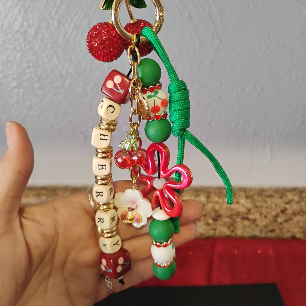 Cherry and Floral Beaded Keychain Charm in Green & Red